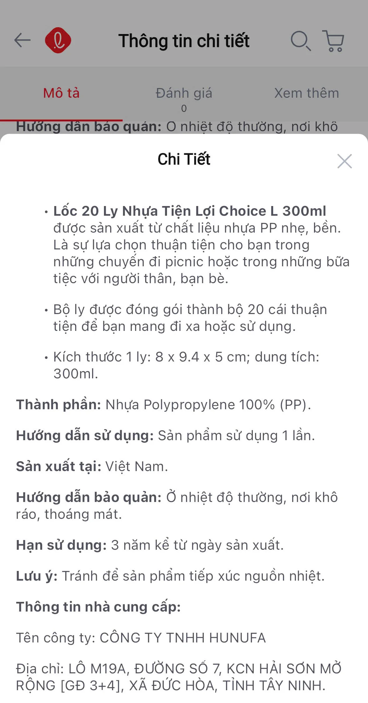 Ly nhựa Choice L tại siêu thị Lotte Mart, hiển thị thông tin nhà cung cấp chính thức là Công ty TNHH Hunufa